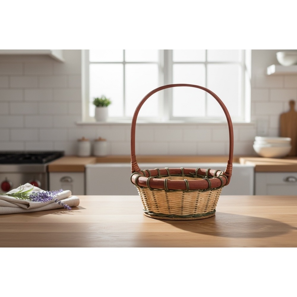 Vintage Woven Wicker Basket Round Wooden Base Red Green Natural 13x9x9